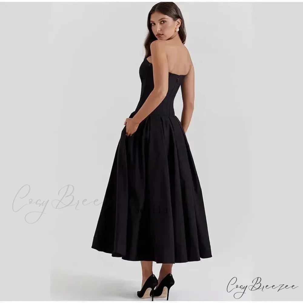 Solid Off-shoulder Chic Backless Strapless High-waisted Elegant Maxi Dress