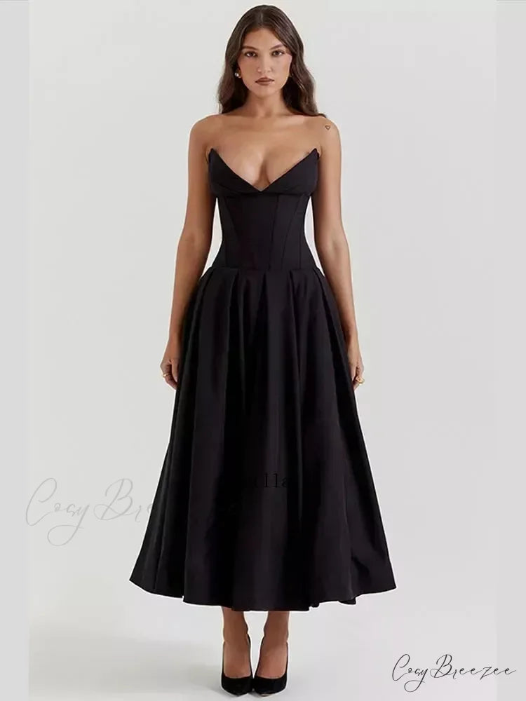 Solid Off-shoulder Chic Backless Strapless High-waisted Elegant Maxi Dress