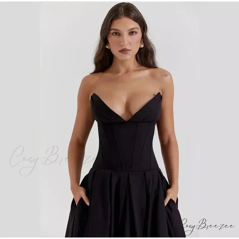 Solid Off-shoulder Chic Backless Strapless High-waisted Elegant Maxi Dress