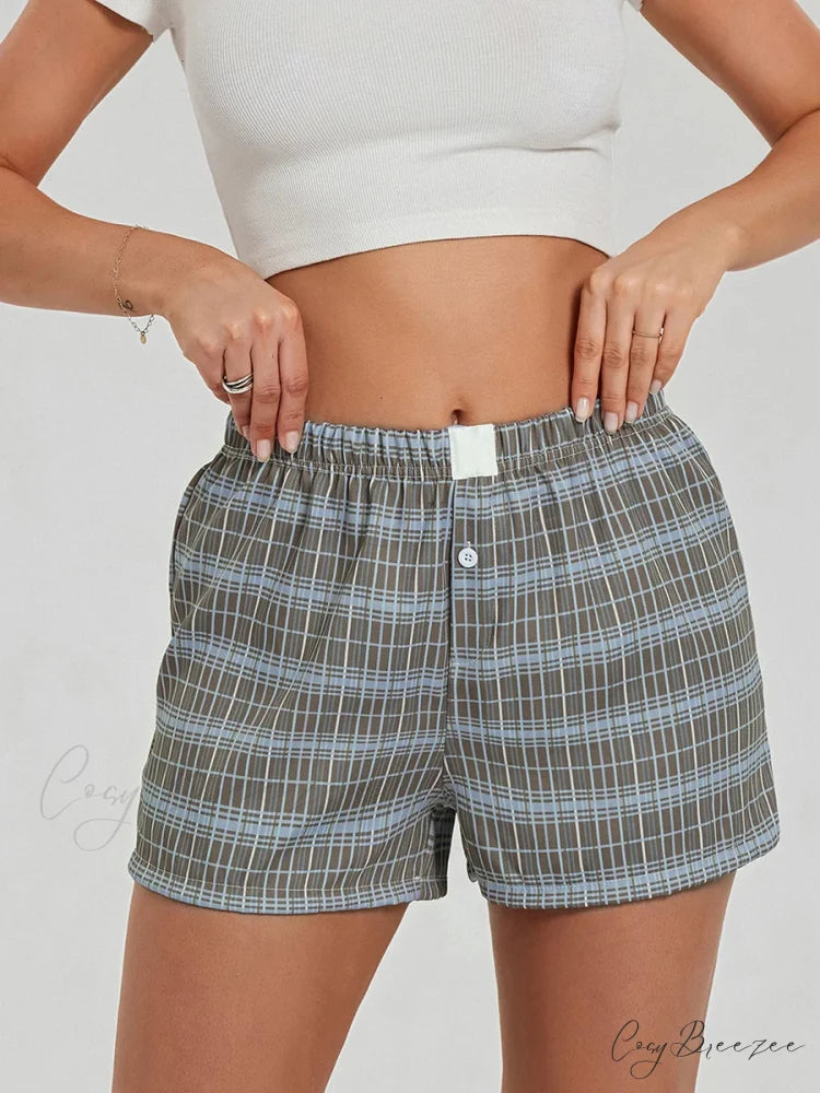 Solid Plaid Elastic Waist Shorts green / S short-250223