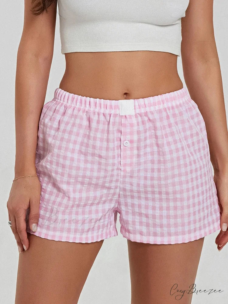 Solid Plaid Elastic Waist Shorts pink / S short-250223