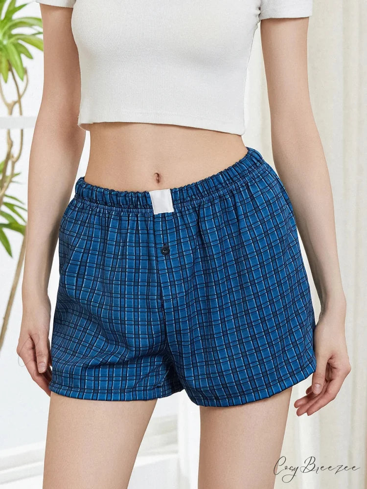 Solid Plaid Elastic Waist Shorts short-250223