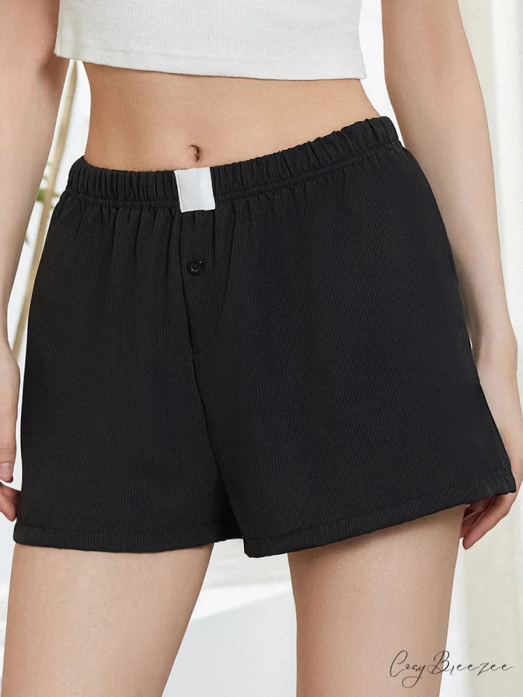 Solid Plaid Elastic Waist Shorts short-250223
