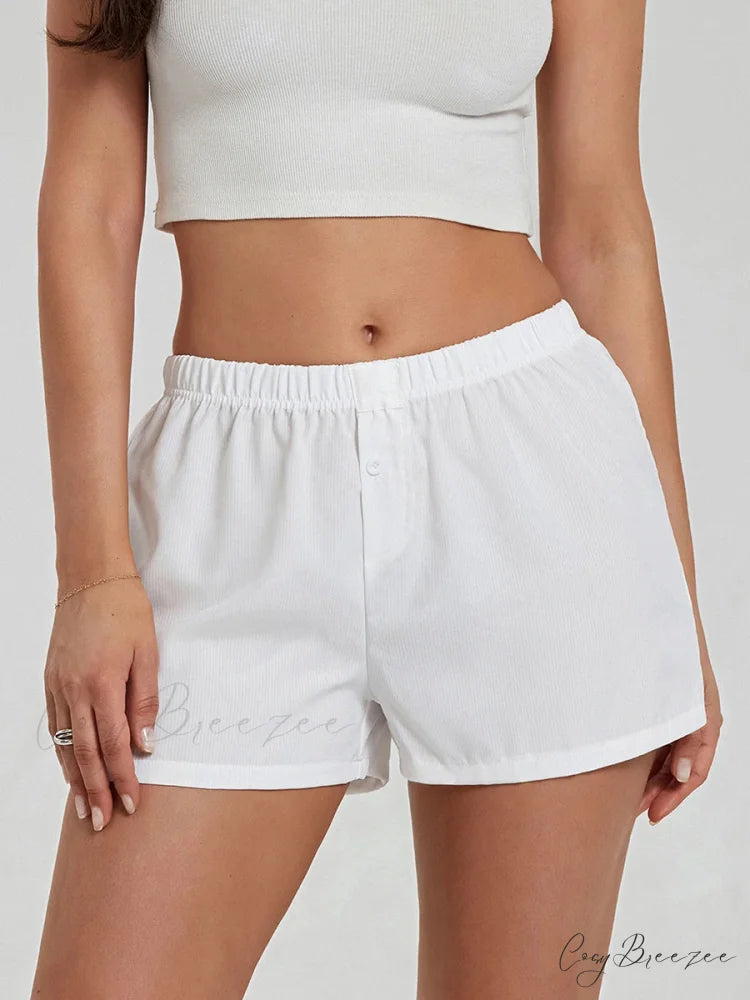 Solid Plaid Elastic Waist Shorts white / S short-250223