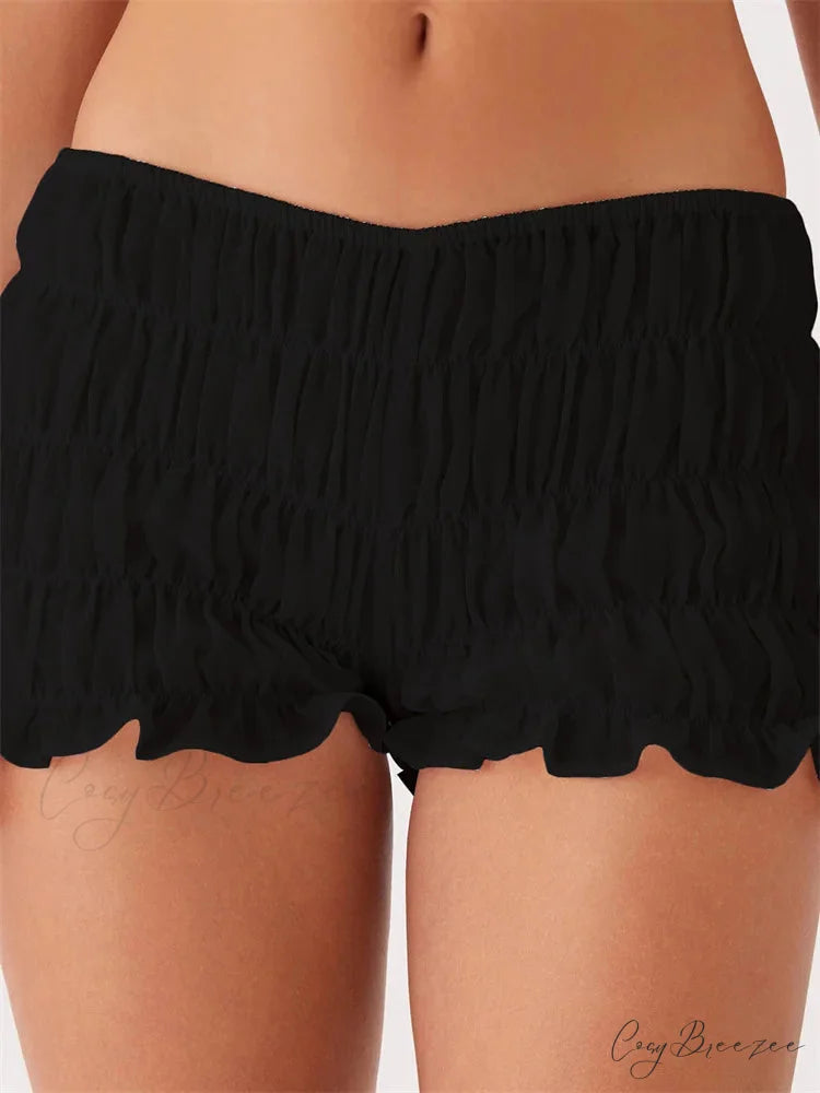 Solid Plaid Ruched Slim Shorts black / S short-250223