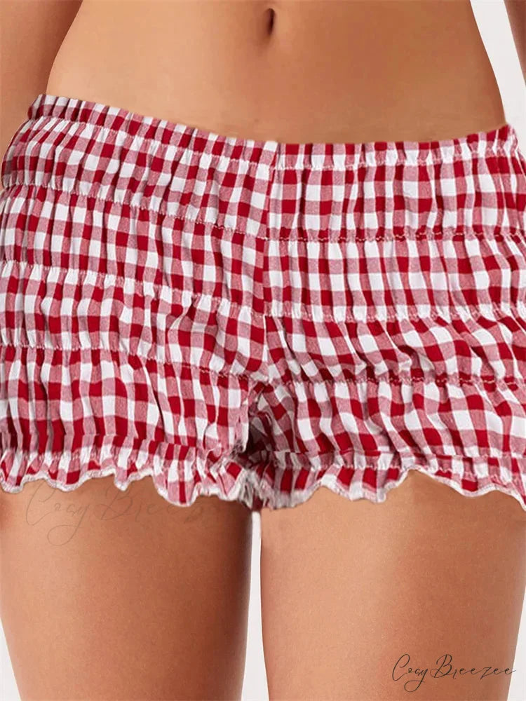 Solid Plaid Ruched Slim Shorts red / S short-250223