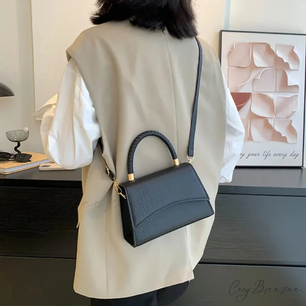 Solid PU Leather Casual Crossbody Top Handle Handbag Black handbag-250126