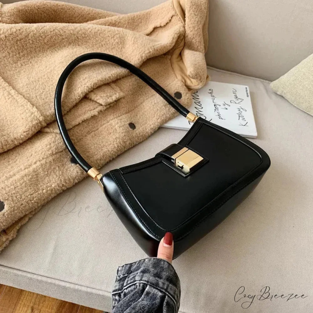 Solid PU Leather Trendy Lock Bag Black shoulder-250126