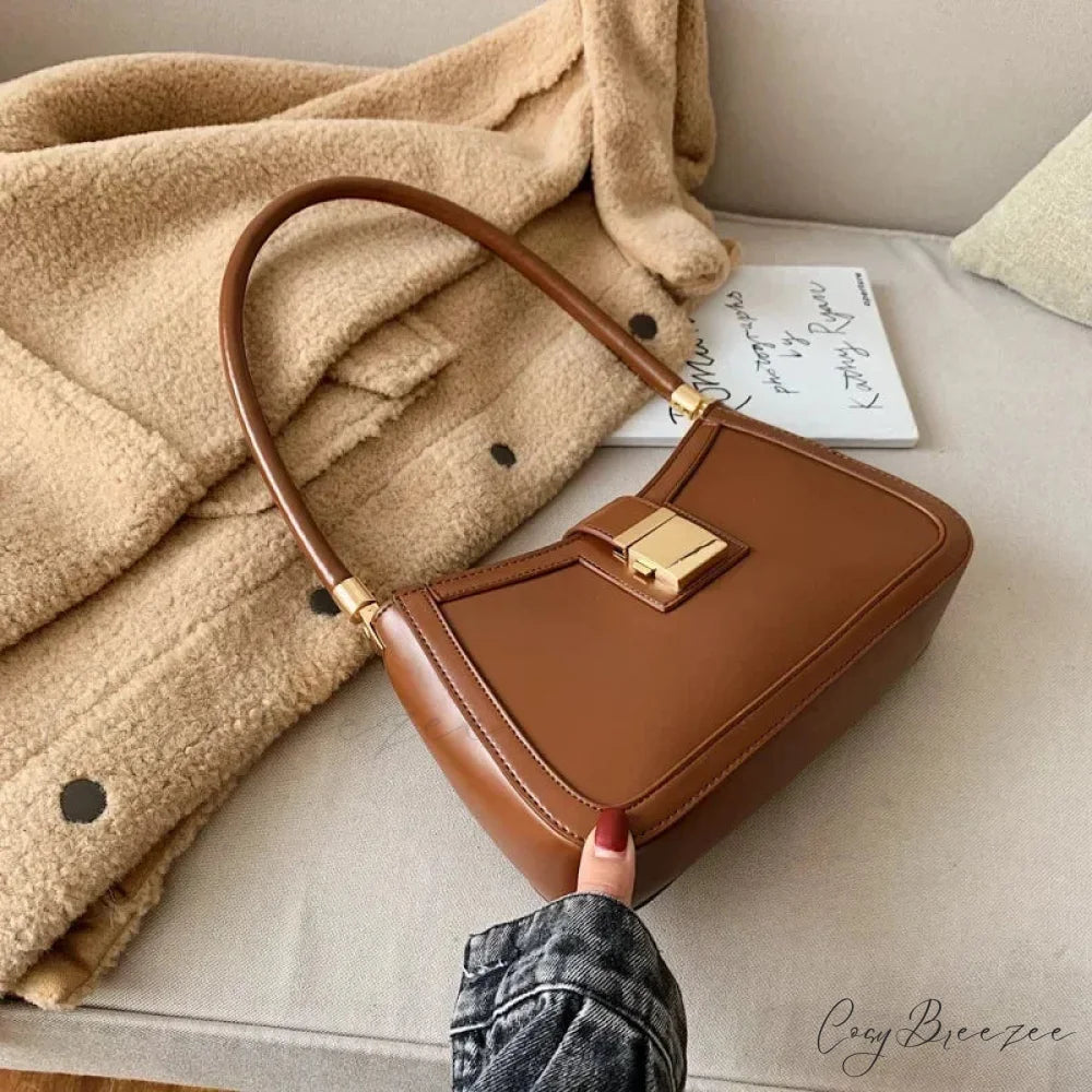 Solid PU Leather Trendy Lock Bag Brown shoulder-250126