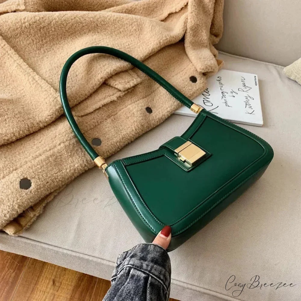 Solid PU Leather Trendy Lock Bag Green shoulder-250126