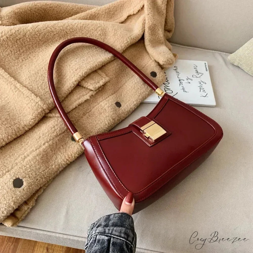 Solid PU Leather Trendy Lock Bag Red shoulder-250126