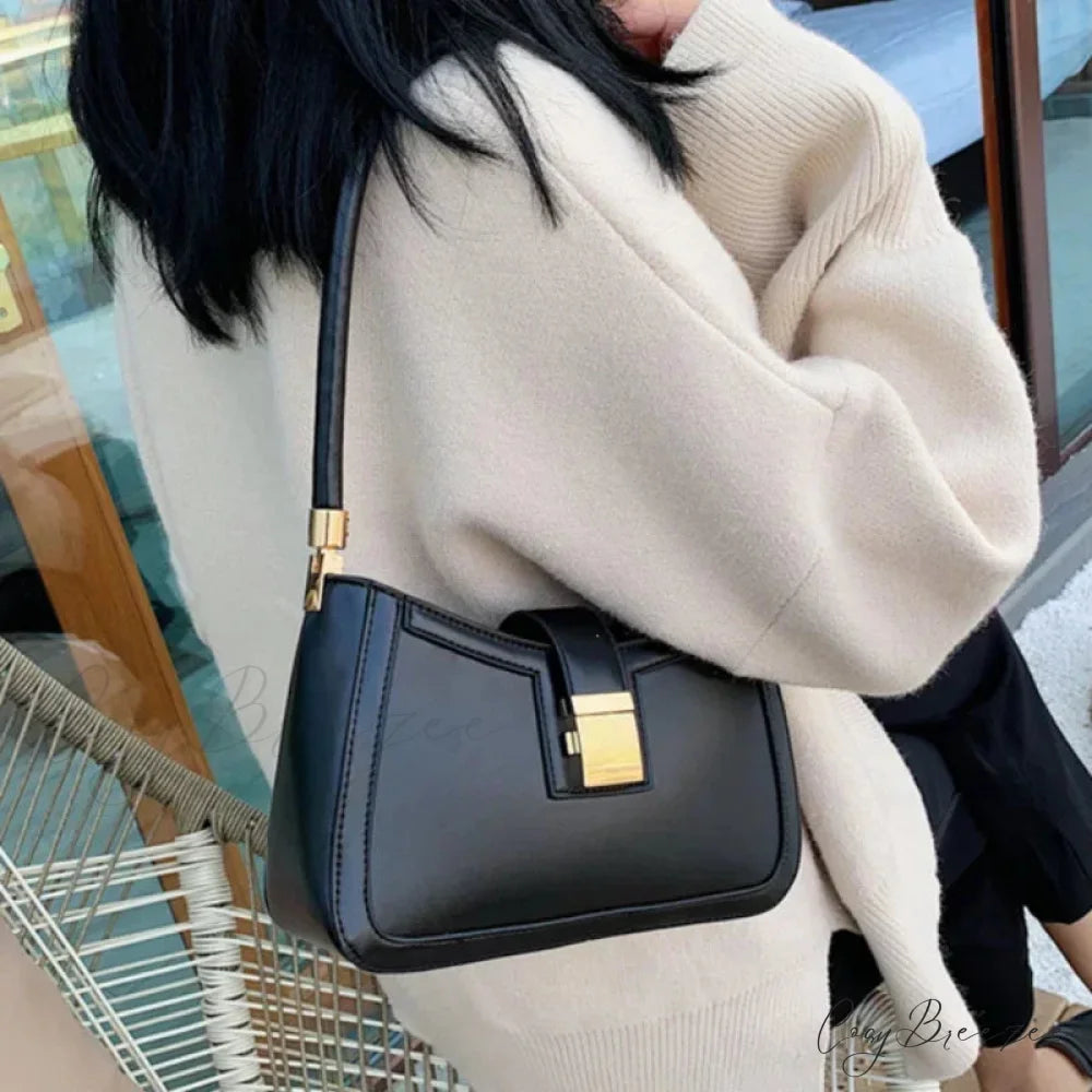 Solid PU Leather Trendy Lock Bag shoulder-250126