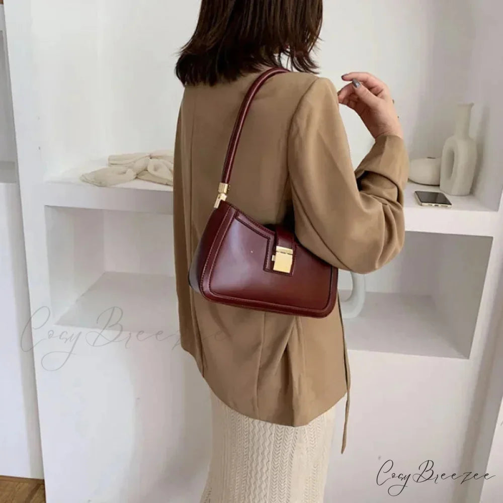 Solid PU Leather Trendy Lock Bag shoulder-250126
