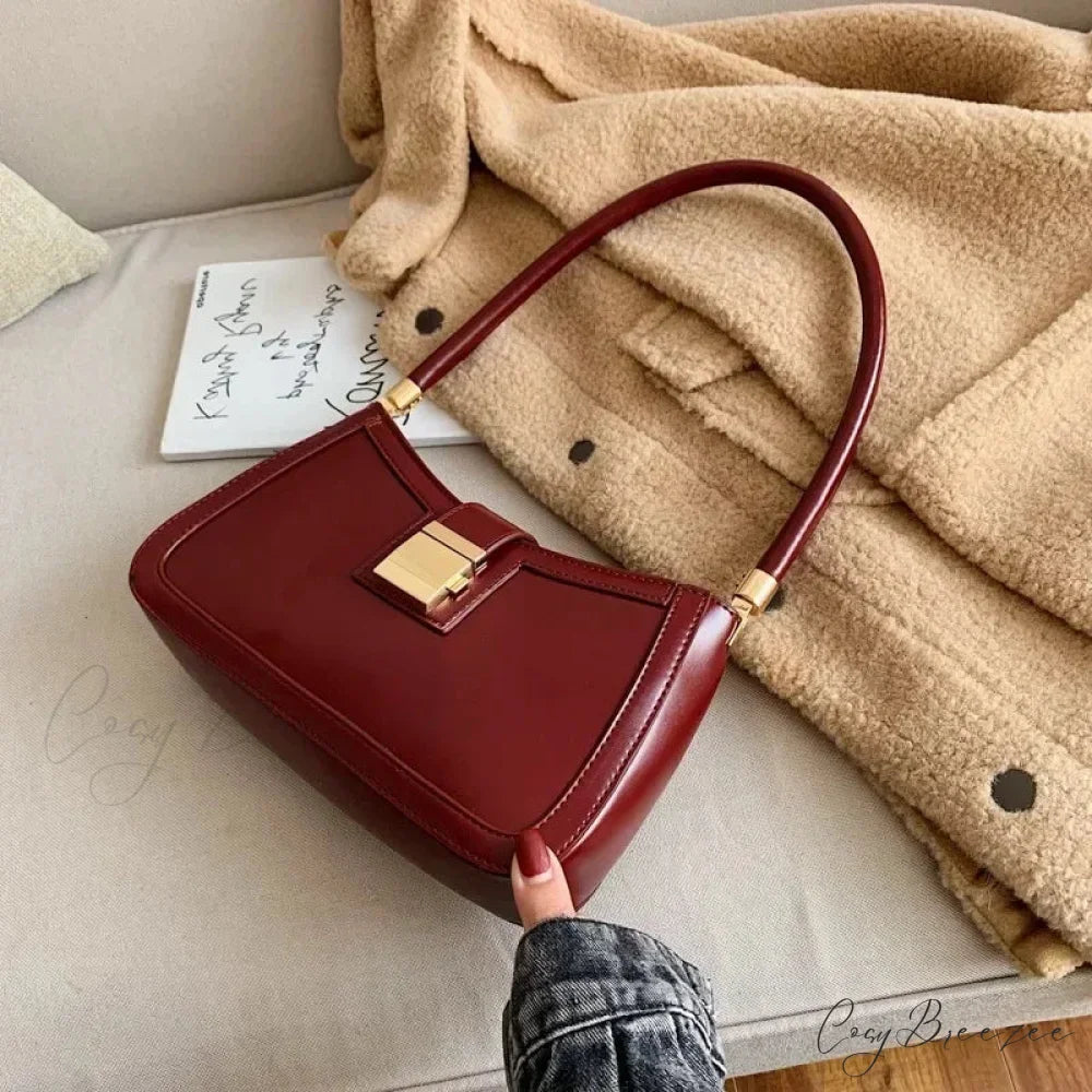 Solid PU Leather Trendy Lock Bag shoulder-250126