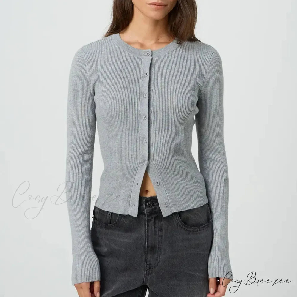 Solid Ribbed Button Up Slim Knit Cardigan GRAY / S cardiagn-250126