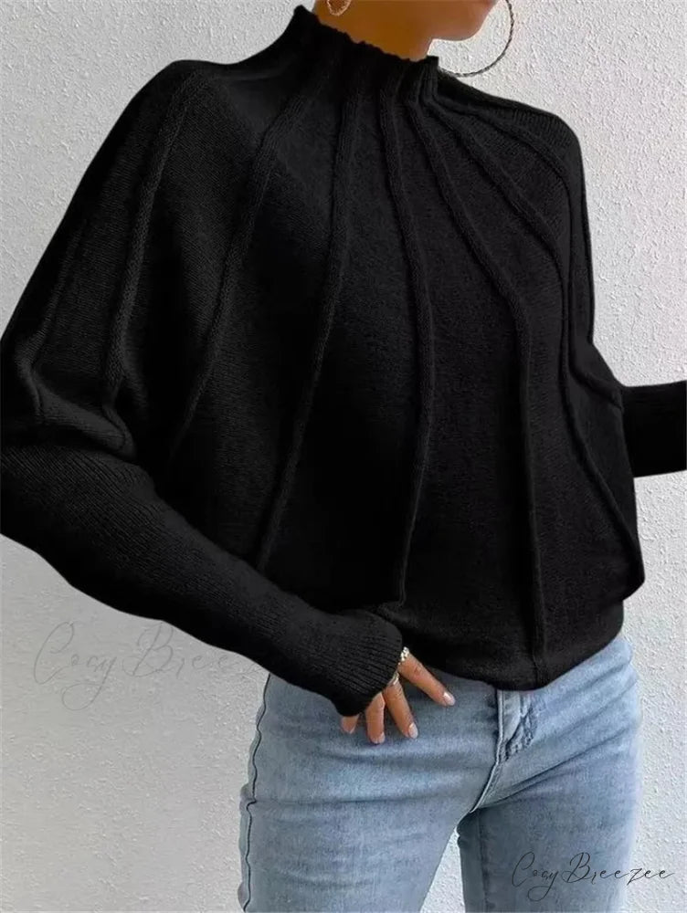 Solid Round Neck Batball Sleeve Loose Sweater black / S swraters-241228