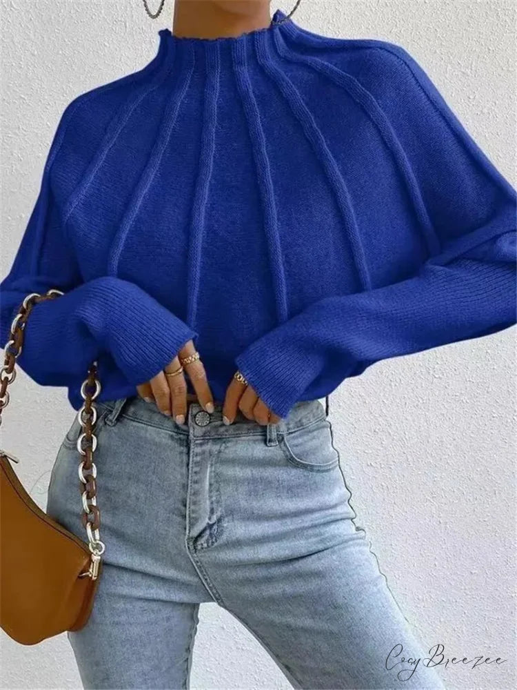 Solid Round Neck Batball Sleeve Loose Sweater blue / S swraters-241228