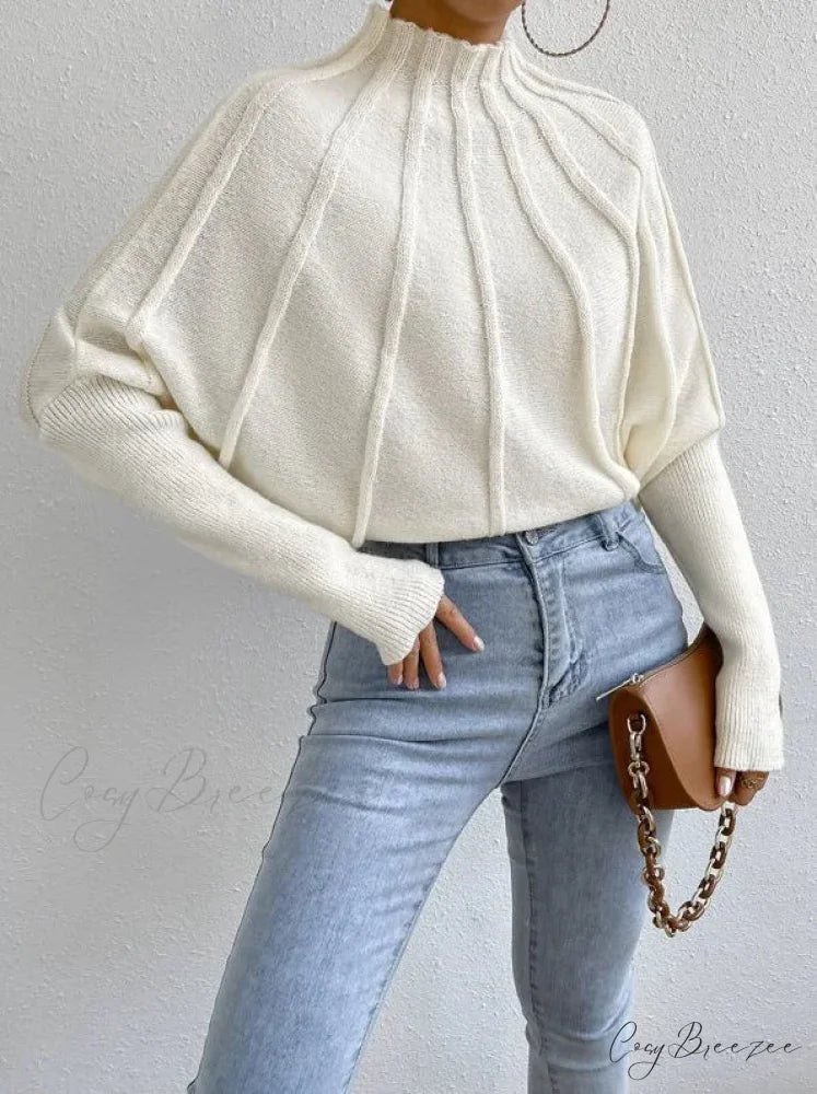 Solid Round Neck Batball Sleeve Loose Sweater Creamy-white / S swraters-241228