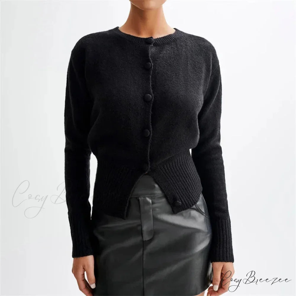 Solid Round Neck Single Breasted Y2K Style Knit Cardigan Black / S cardiagn-250126