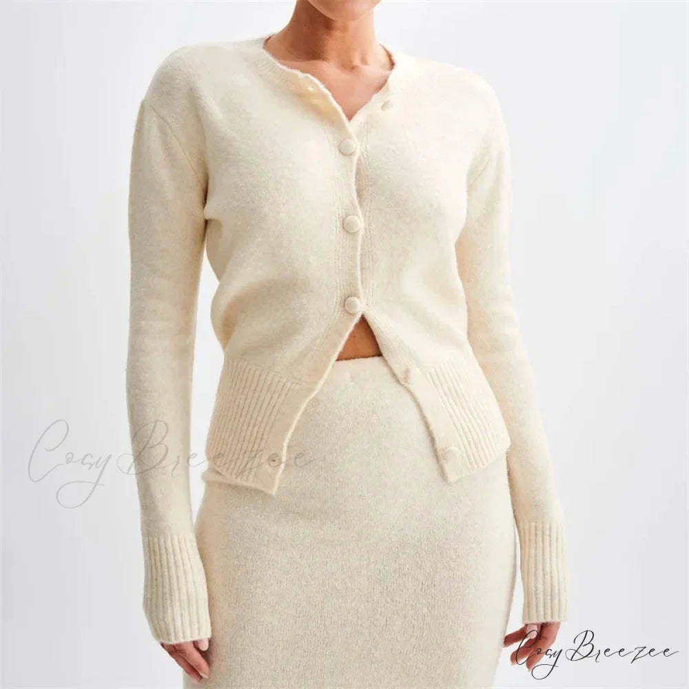 Solid Round Neck Single Breasted Y2K Style Knit Cardigan WHITE / S cardiagn-250126