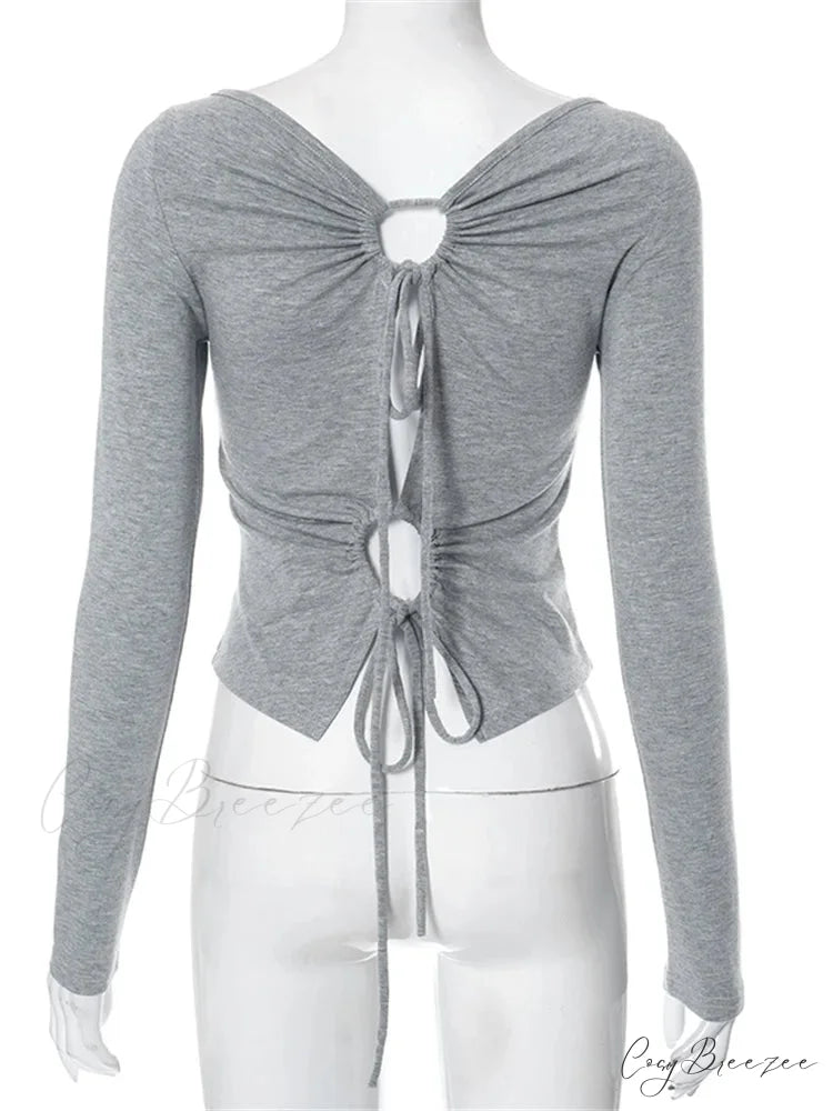 Solid Round Neck Spring Fall Backless Long Sleeve Drawstring T-Shirts