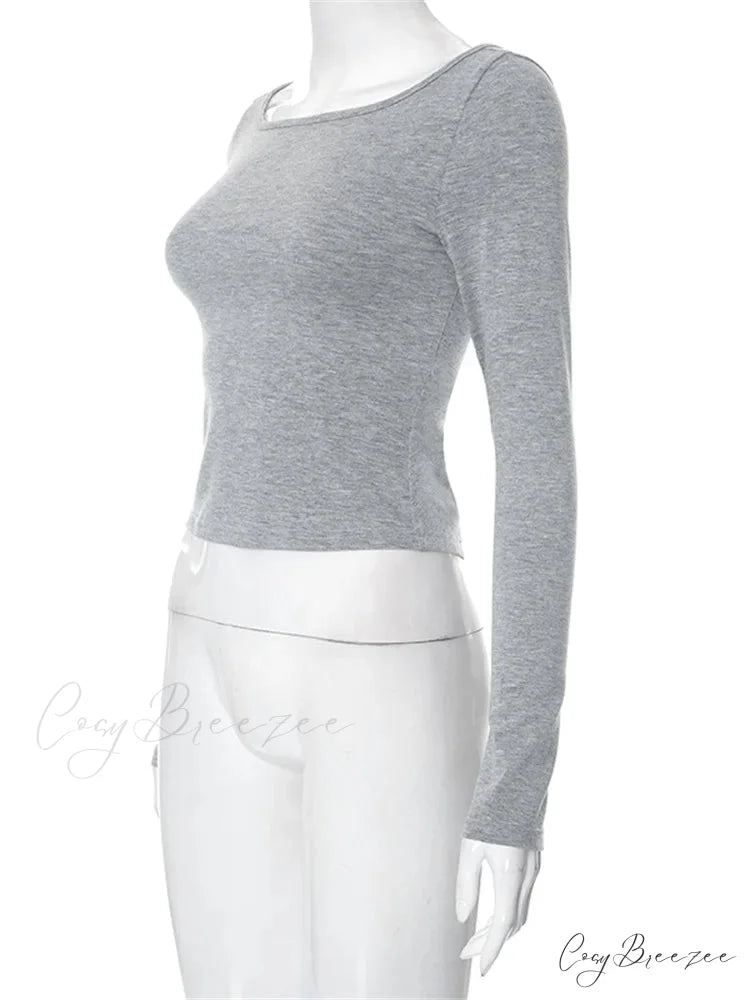 Solid Round Neck Spring Fall Backless Long Sleeve Drawstring T-Shirts
