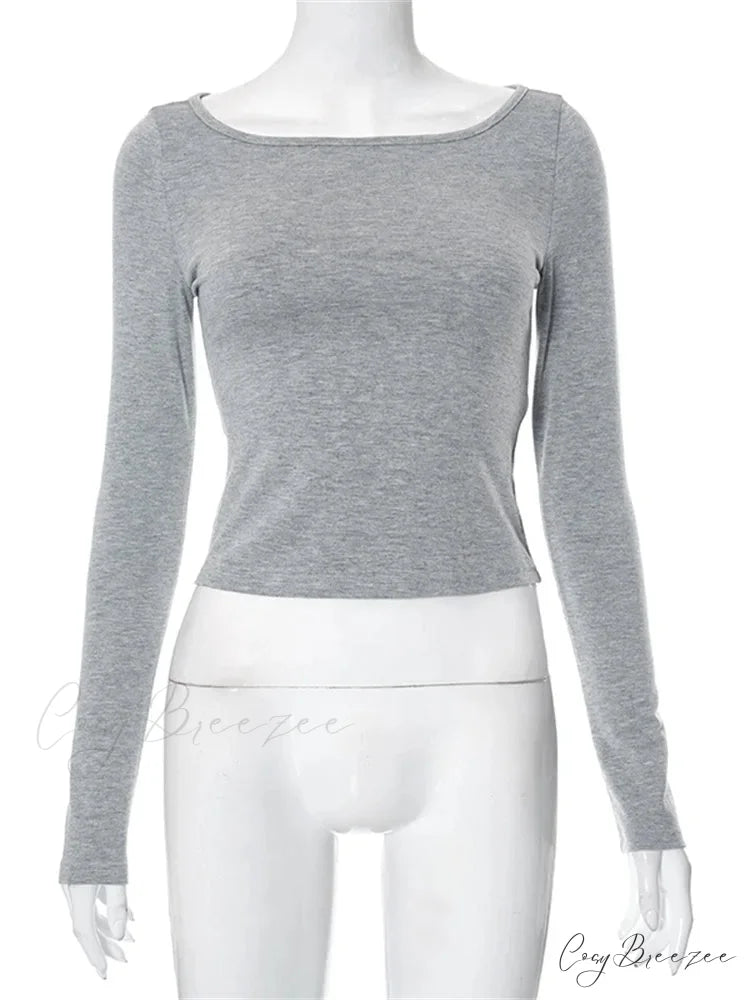 Solid Round Neck Spring Fall Backless Long Sleeve Drawstring T-Shirts GREY / S