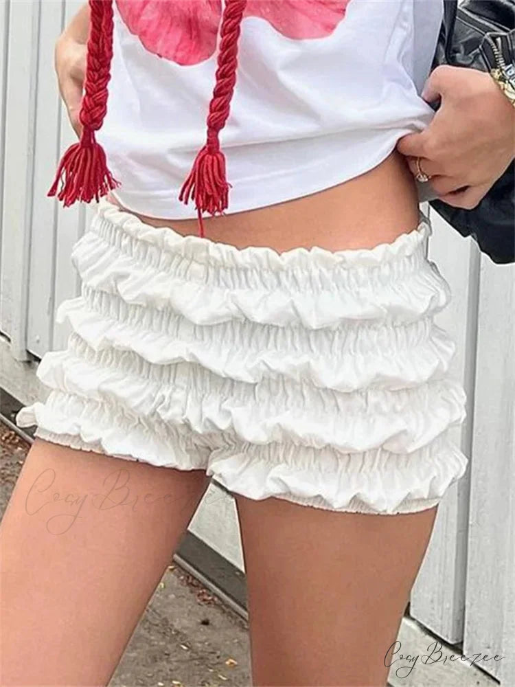 Solid Ruched Elastic Waist Shorts short-250223