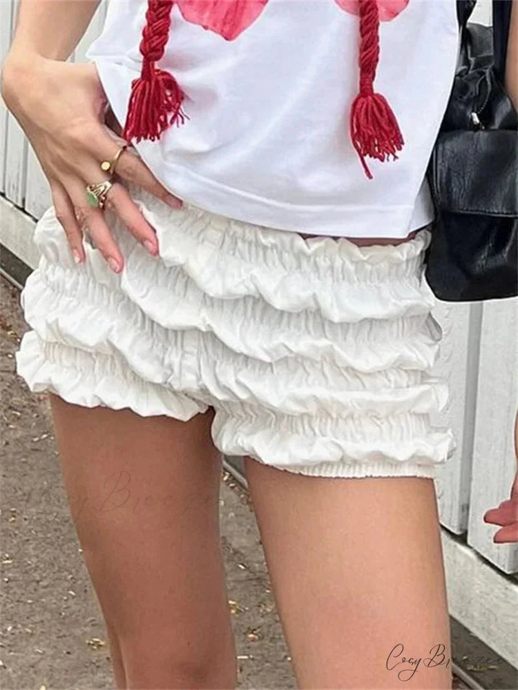 Solid Ruched Elastic Waist Shorts white / S short-250223
