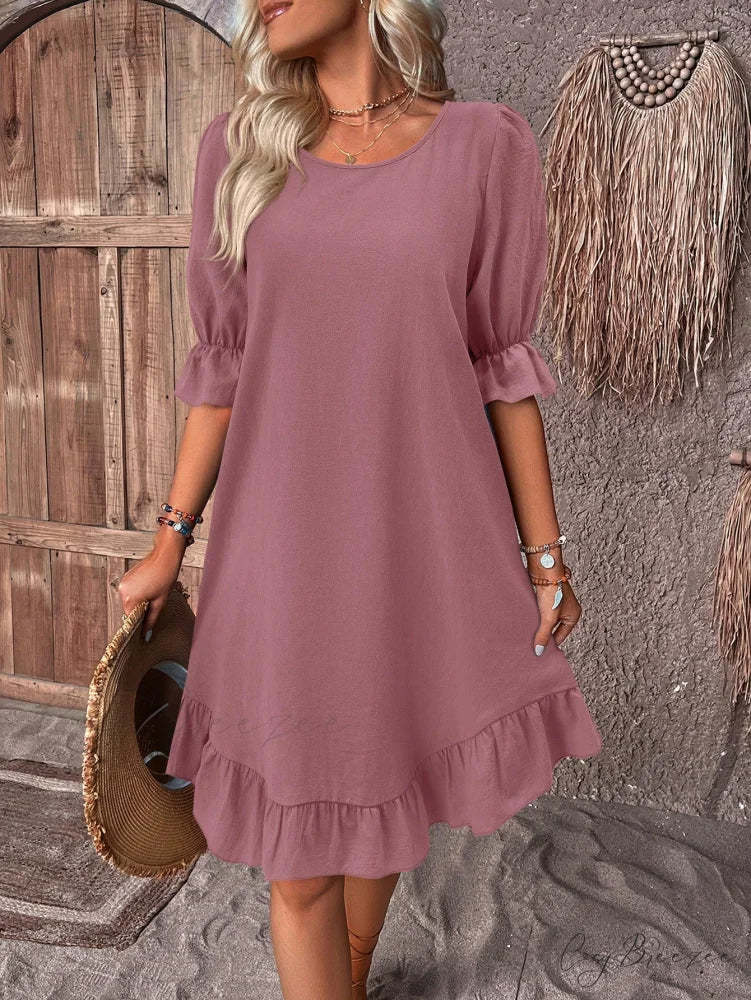 Solid Ruffle Hem Smock Dress Dusty Pink / S