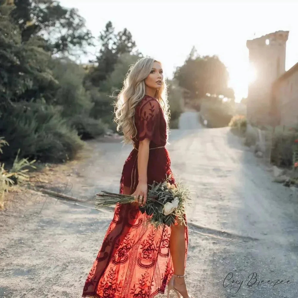 Solid Short Sleeve Lace V-neck Loose Maxi Boho Dress claret / One Size bohodress-250126