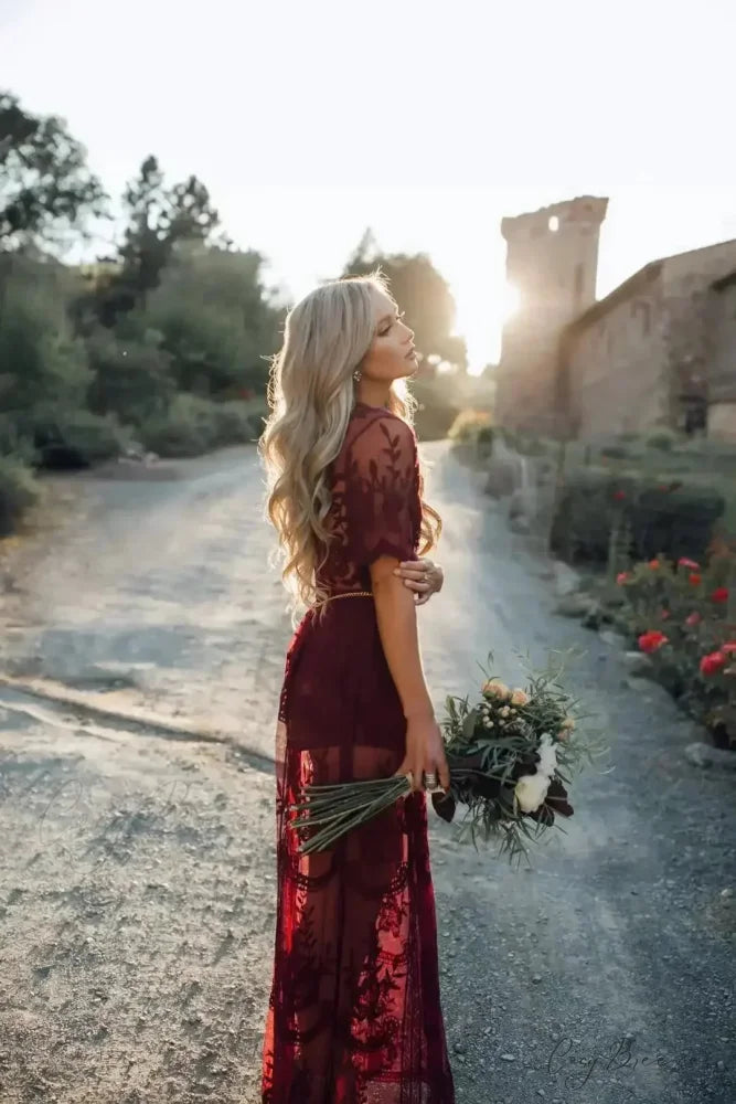 Solid Short Sleeve Lace V-neck Loose Maxi Boho Dress claret / One Size bohodress-250126