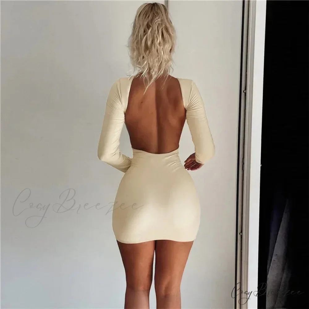 Solid Slinky Open Back Long Sleeve Mini Dress Khaki / S