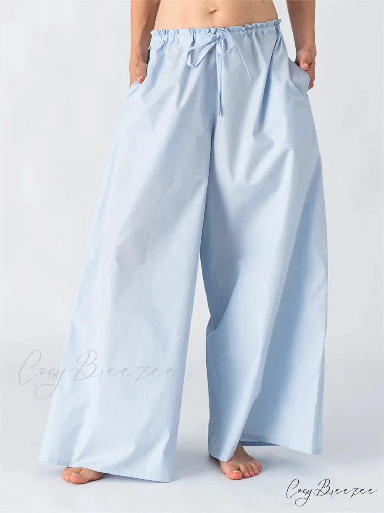 Solid/Striped Loose Drawstring Relaxed Wide Pant BLUE / S pant-250223