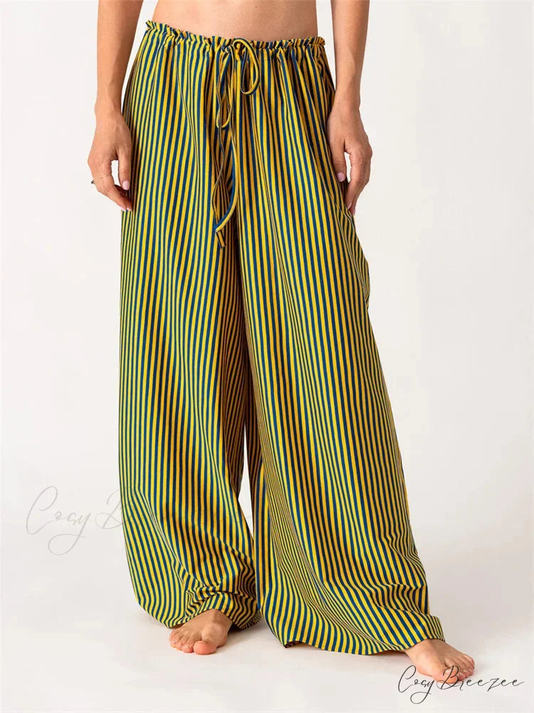 Solid/Striped Loose Drawstring Relaxed Wide Pant GREEN / S pant-250223
