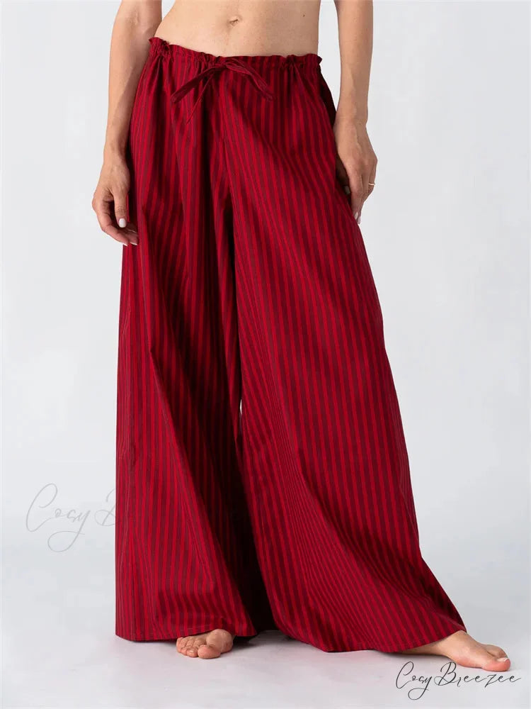 Solid/Striped Loose Drawstring Relaxed Wide Pant RED / S pant-250223