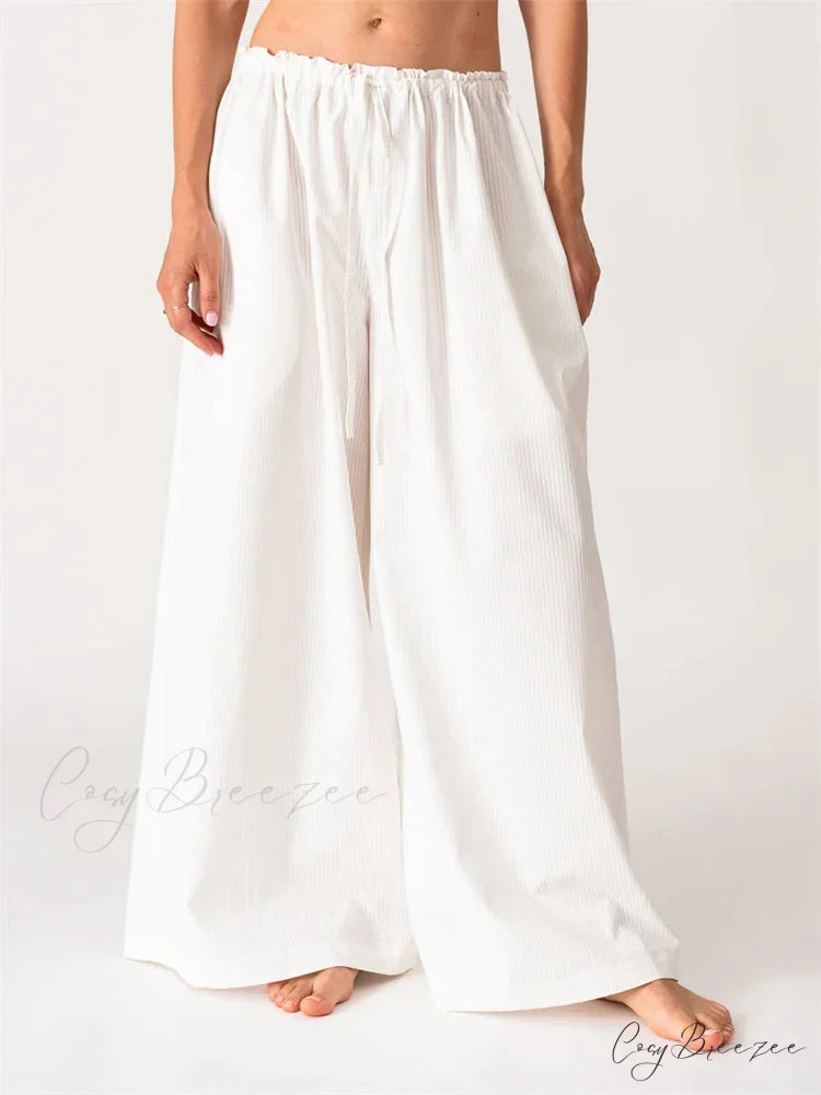 Solid/Striped Loose Drawstring Relaxed Wide Pant WHITE / S pant-250223