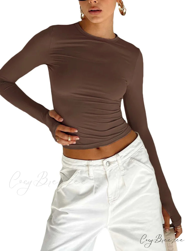 solid T-shirt neck color slimming Women’s long-sleeved round top Brown / S