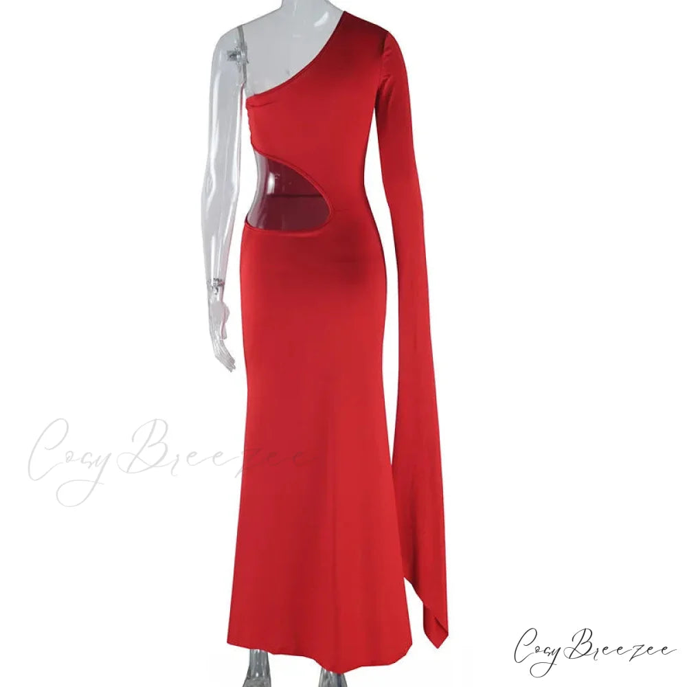 Solid Trend Incline Shoulder Hollow High Street Maxi Dress Sexy Elegant Christmas Party Dress Red / S