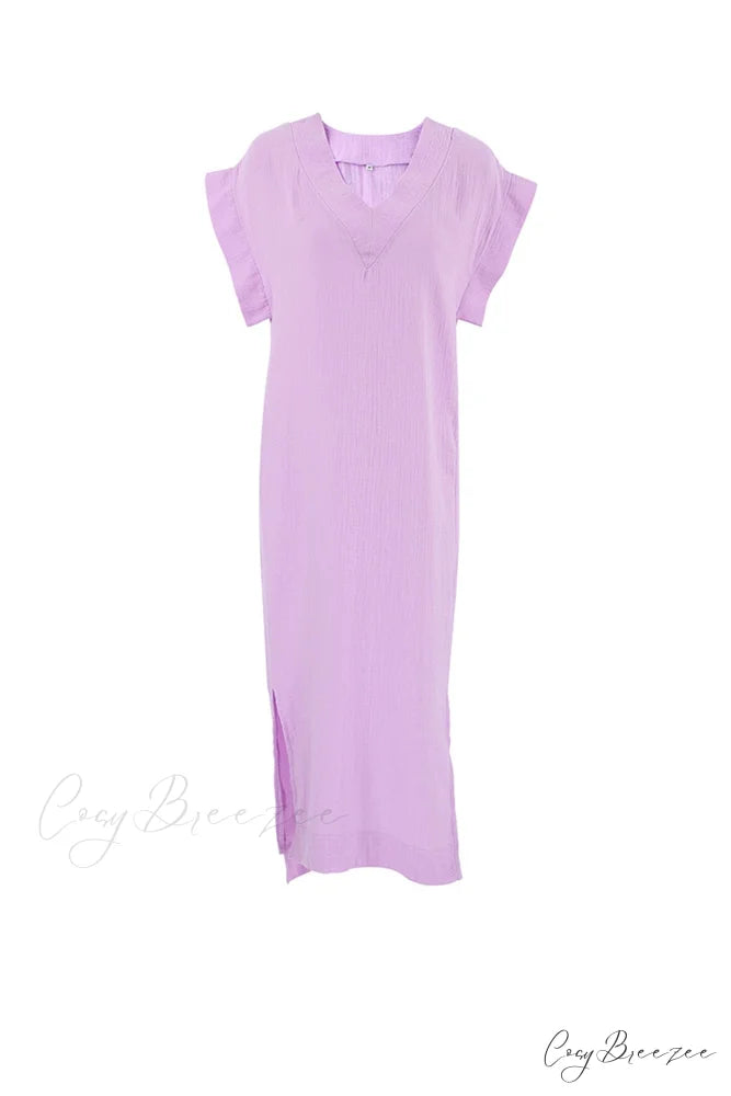 Solid V Neck Cotton Dress with Side Slit