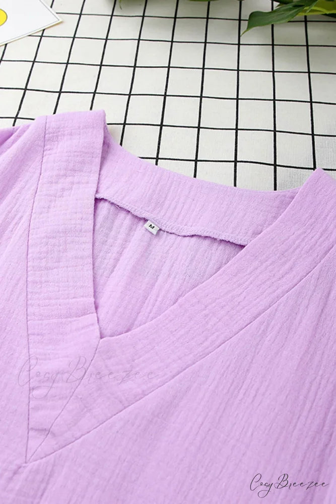 Solid V Neck Cotton Dress with Side Slit