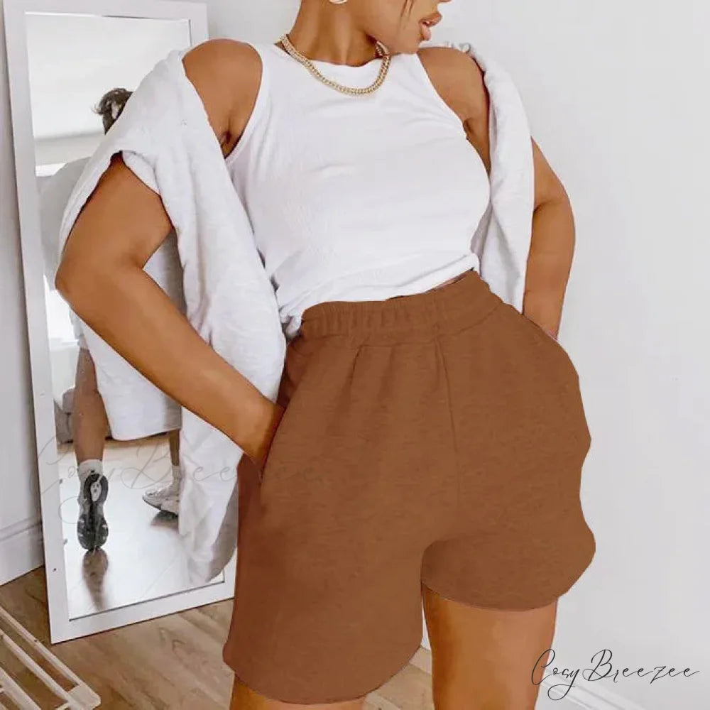 Solid Wide-Leg Slant Pocket Shorts Brown / S short-250223