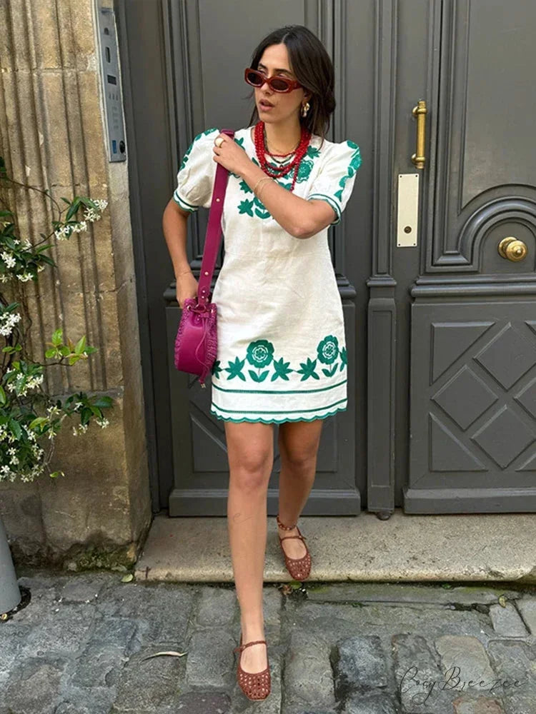 Sophisticated Embroidered Wave Edge Floral Dress white / S oldfloraldress-250126