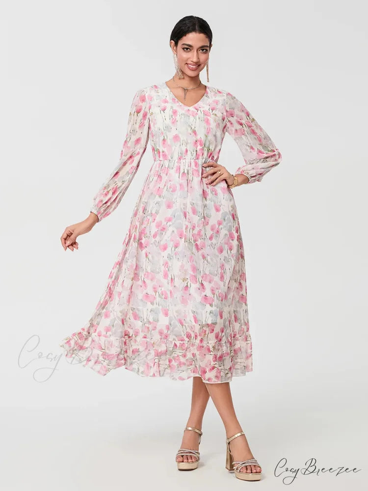 Sophisticated Floral Flowing Long Sleeve A-line Dress floraldress-250126