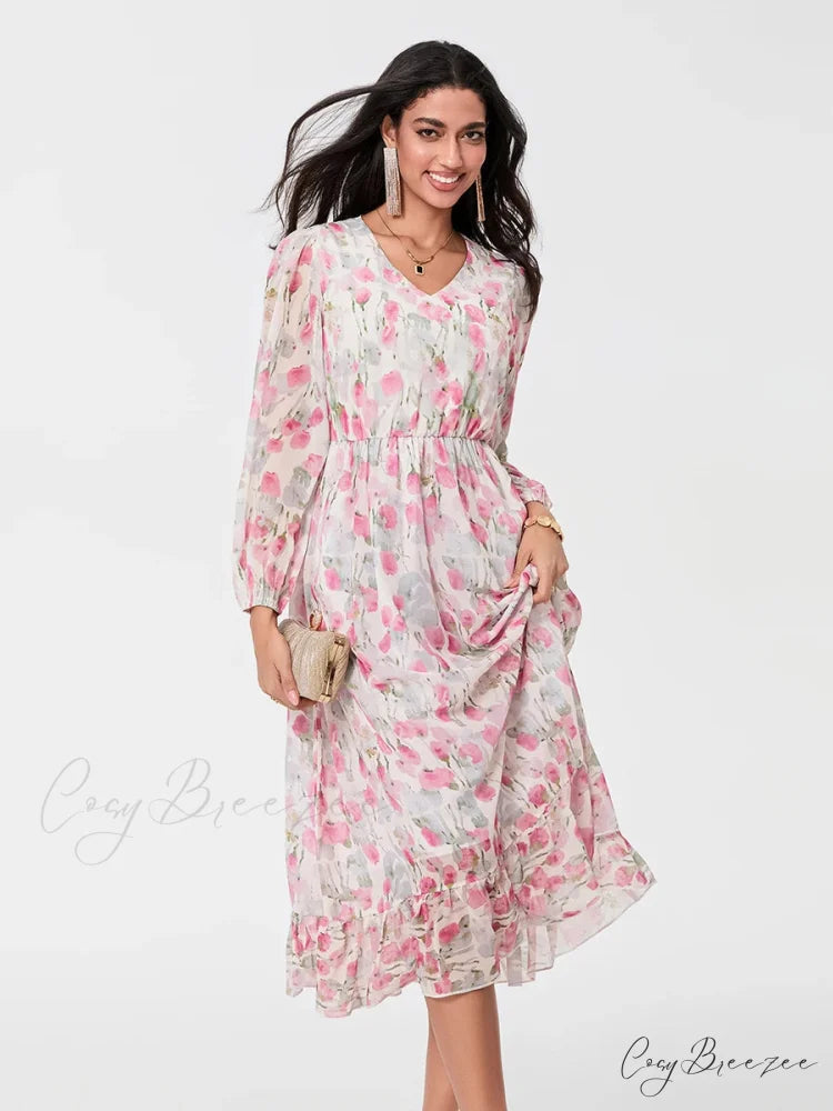 Sophisticated Floral Flowing Long Sleeve A-line Dress floraldress-250126