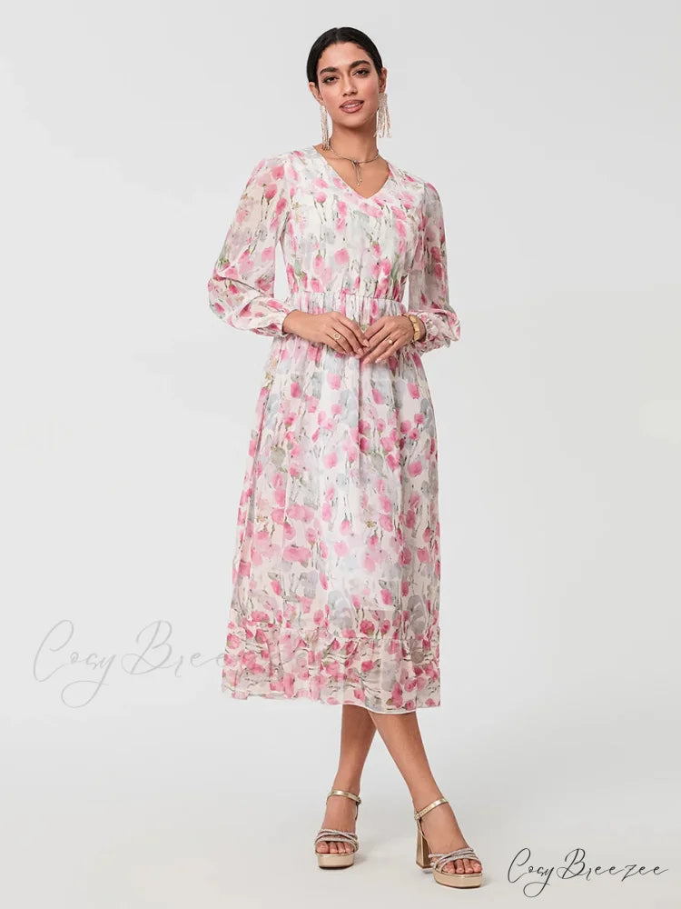 Sophisticated Floral Flowing Long Sleeve A-line Dress floraldress-250126