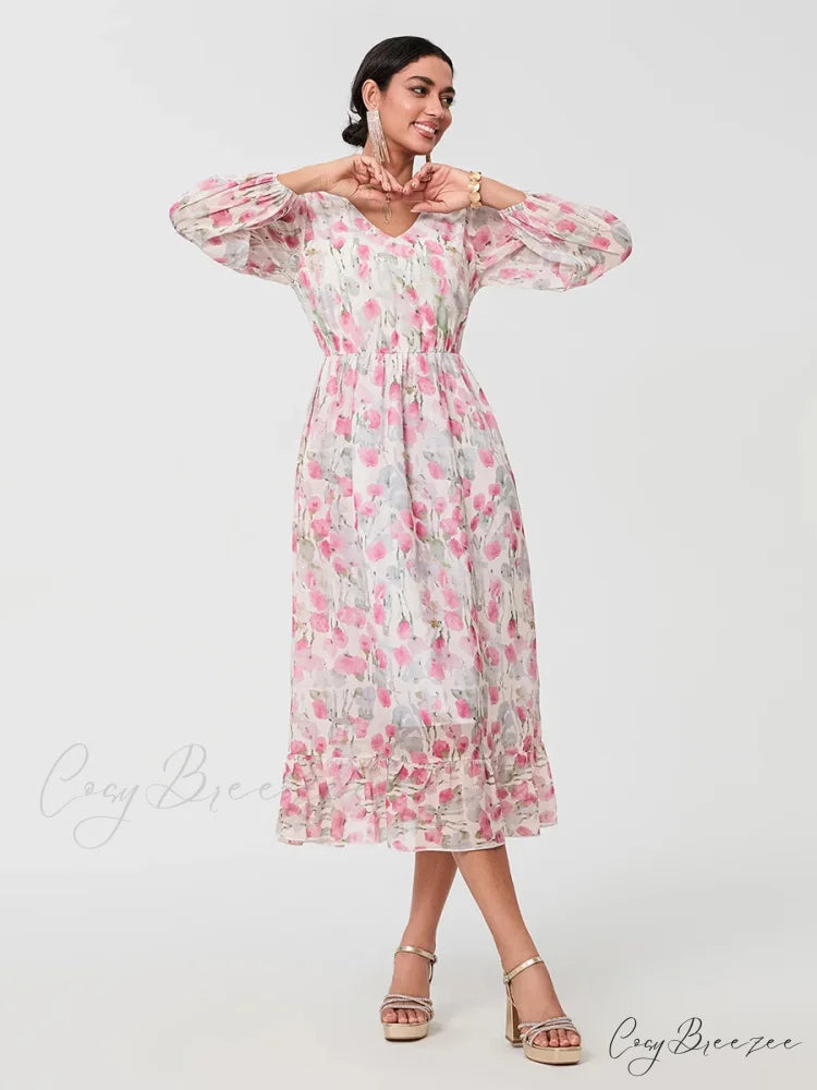 Sophisticated Floral Flowing Long Sleeve A-line Dress floraldress-250126