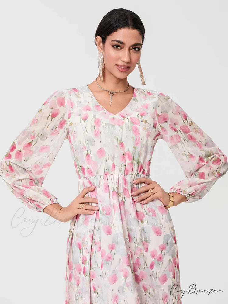 Sophisticated Floral Flowing Long Sleeve A-line Dress floraldress-250126
