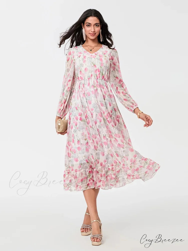 Sophisticated Floral Flowing Long Sleeve A-line Dress Pink / S floraldress-250126
