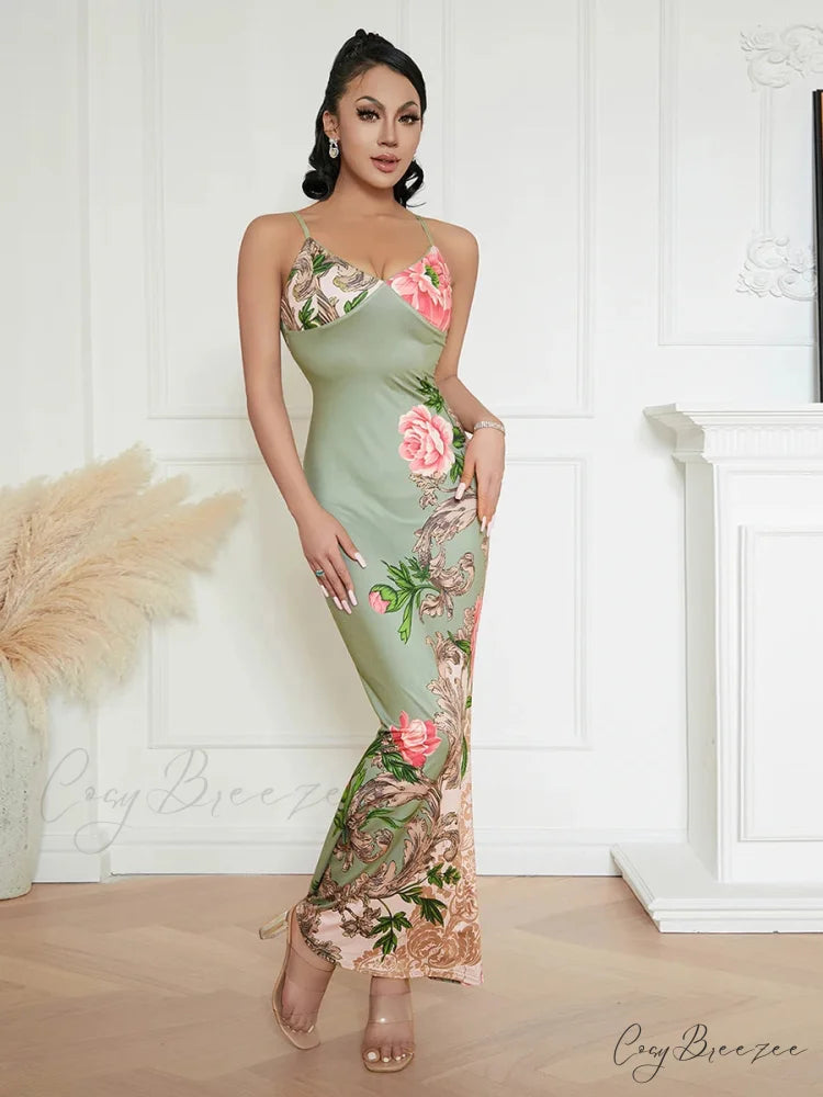 Sophisticated Floral Spaghetti Strap Backless Dress floraldress-250126